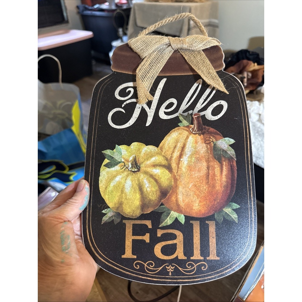 Hello Fall Wall Art Hanger Autumn Plaque Pumpkin Seasonal